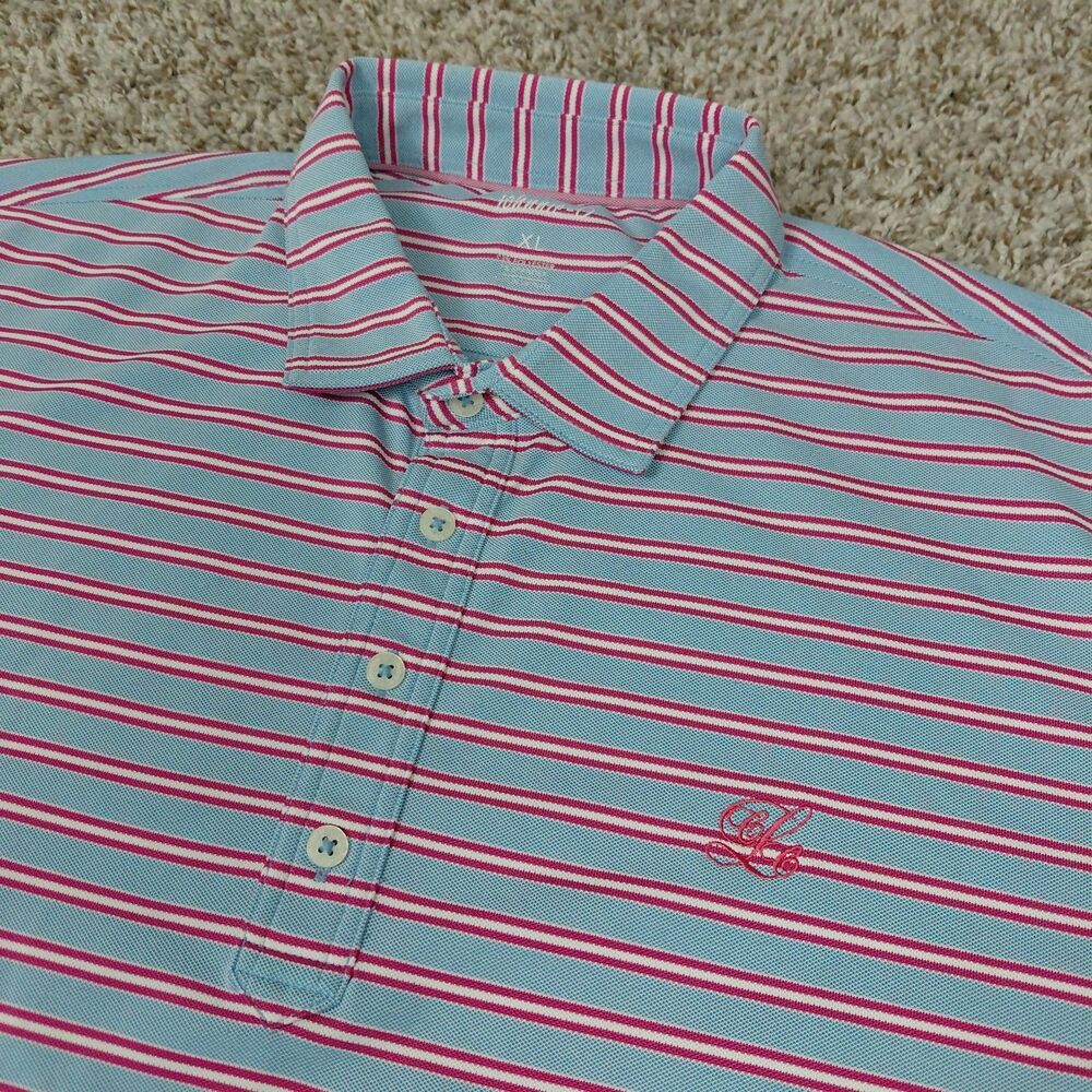 Johnnie-O Golf Performance Polo Short Mens XL Light Blue Pink Stripe